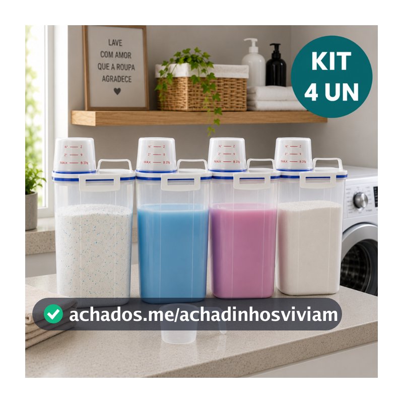 Kit 4 Potes Herméticos 2L Lavanderia Copo Medidor Bico Dosador Organizador Sabão em Pó Amaciante Detergente