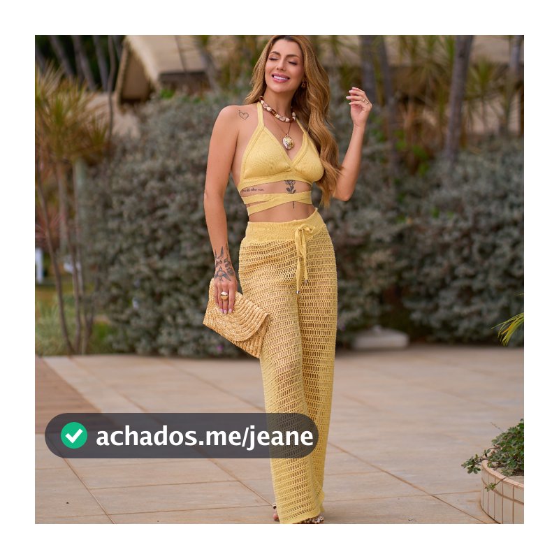 Conjunto Saida de Praia Calça Pantalona e Cropped Premium de Tira Ajustavel em Tricot Croche