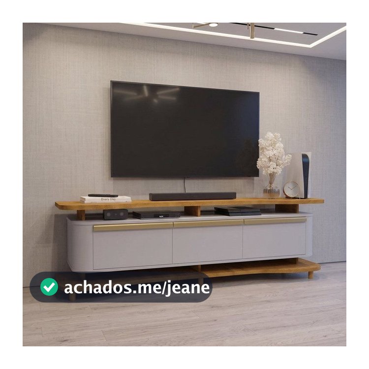Rack para TV até 75 Polegadas com Pés em Madeira Maciça Guarapari 180cm Móveis Bechara Cinza/Naturalle Naturalle/Off