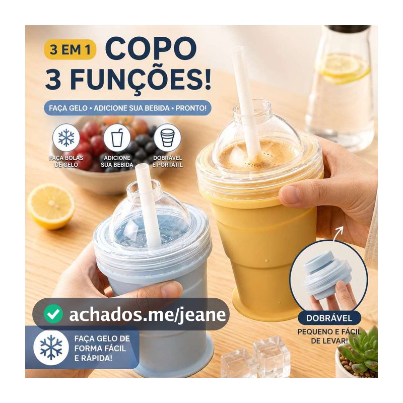 Copo com Canudo e Forma para Gelo em Esfera Reutilizável Dobrável Portátil