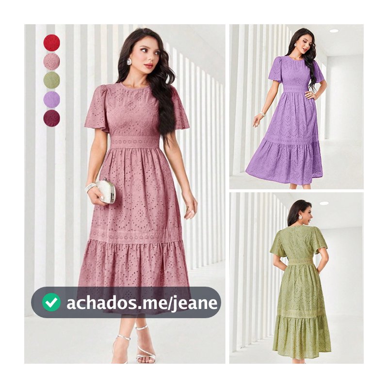 Vestido Midi de Renda Lisa com Estampa Vazada Babado na Barra e Cintura Alta para Festa e Casual