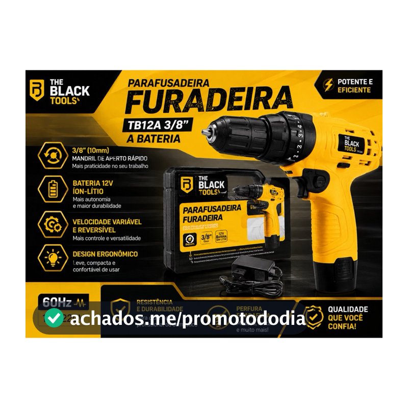Parafusadeira e Furadeira a Bateria The Black Tools TB12A 12V 3/8" (10mm) com Bateria de Lítio LED e Velocidade Variável
