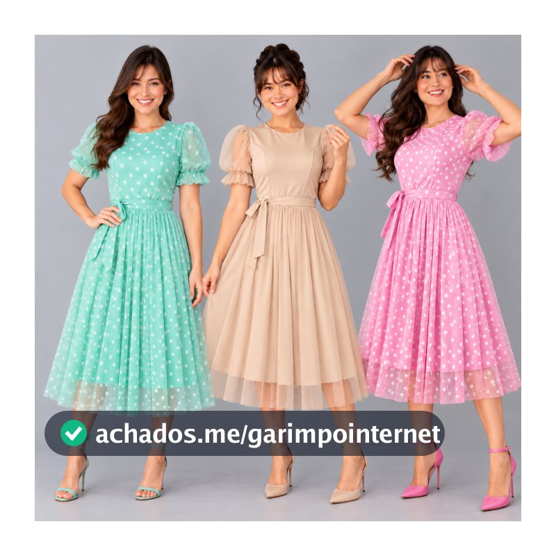 Promoção Vestido Midi Evangelico de Tule Lisso  E Estampa Poá Manga Princesa com Lazo Elegante Congresso