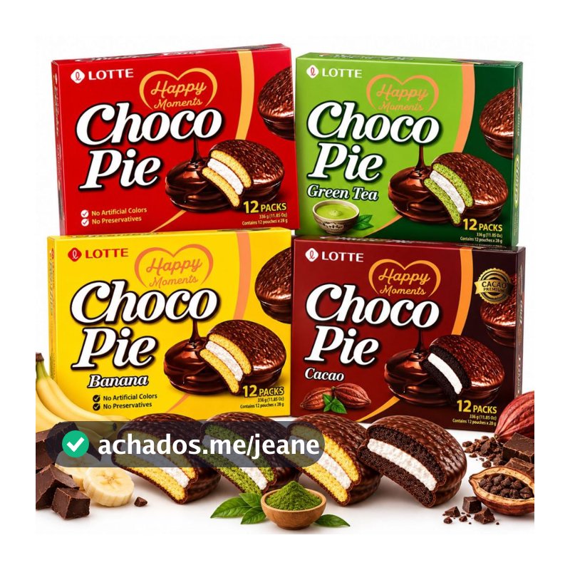 Choco Pie Lotte 336g 12un | Tradicional, Matcha, Cacau ou Banana | Bolinho Coreano Chocolate Marshmallow | Alfajor