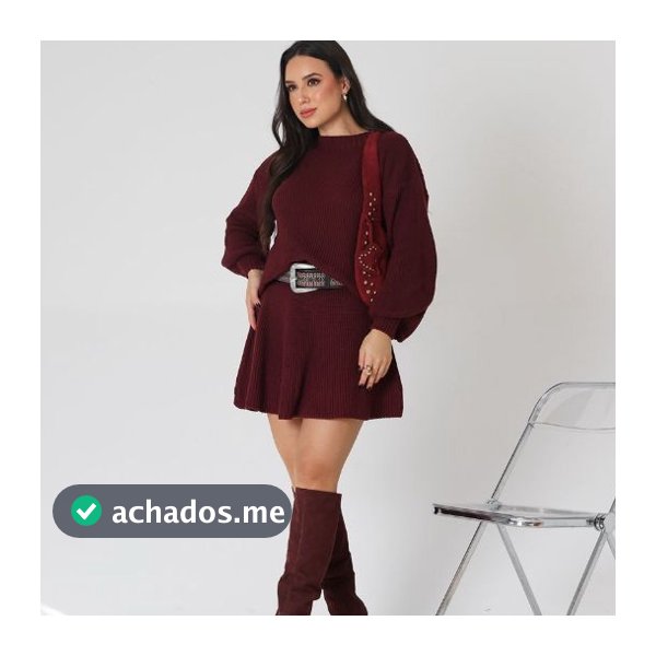 Conjunto em Tricot Feminino Saia Godê e Blusa Manga Bufante Moda Blogueira Gringa Tendência Inverno