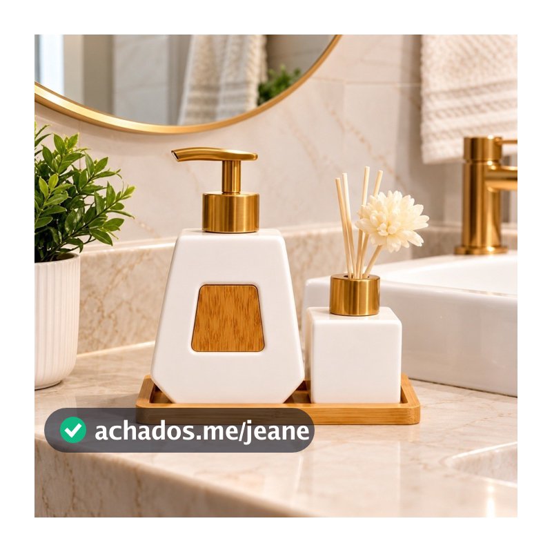 Kit Banheiro Vértice 3 Peças Porcelana E Bambu 340ml/120ml
