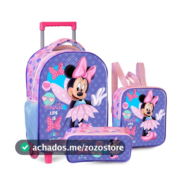 Mochila Rodinha escolar infantil minnie espaçosa para menina cabe livros e cadernos
