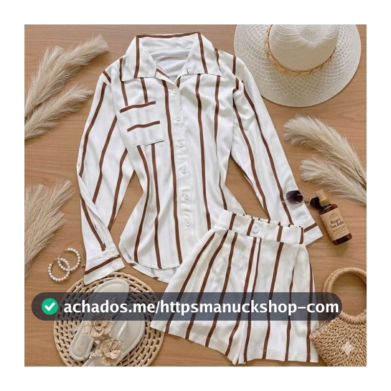Conjunto elegante , camisa blazer com bolso e botões e short listrado