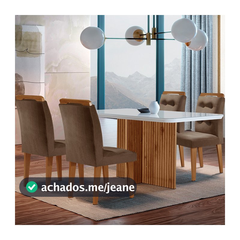 Conjunto Sala de Jantar Mesa Olímpia 120CM MDF Vidro Canto Copo com 4 Cadeiras Carol Moderna