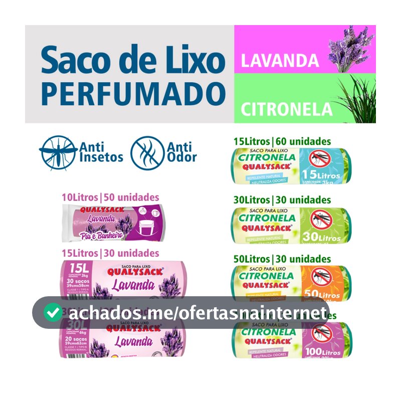 Saco de lixo Aroma Lavanda Citronela Rolo 10L 15L 30L 50L 100L Qualysack Repelente Anti Odor Sacola