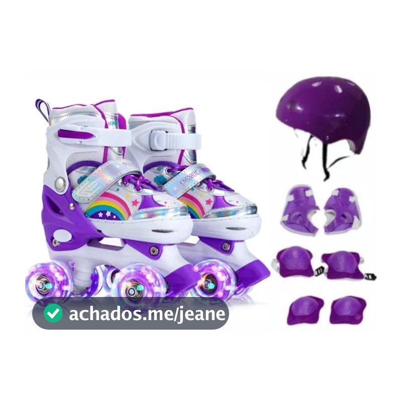 Patins 4 Rodas Infantil Arco Íris Led COM OU SEM Kit Proteção Nova