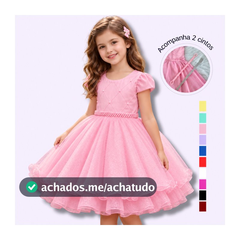 Vestido Infantil Juvenil Princesa Curto Pérola Festa Luxo Saia De Brilho