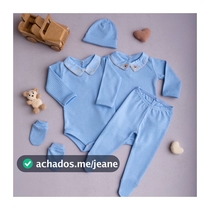 Kit 4 Peças Saída Maternidade Bebê Menino Azul Body Touca Calça Mijão Luvas 100% Algodão