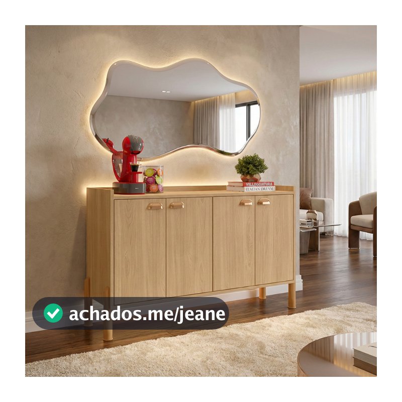 Aparador Chicago Organizador 4 Portas +  2 Prateleiras Internas  Puxador Concha Pés PVC Antiumidade  Chicago