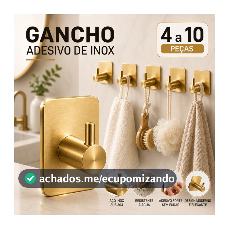 Kit Gancho de Parede Adesivo Aço Inox 304 Sem Furar 5kg Banheiro Cozinha Toalha Roupa Multiuso Forte
