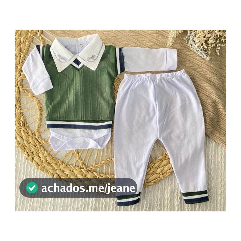 Conjunto Bebê Maternidade Body Bordado Gola Colete em Tricô Mijão Malha Macio