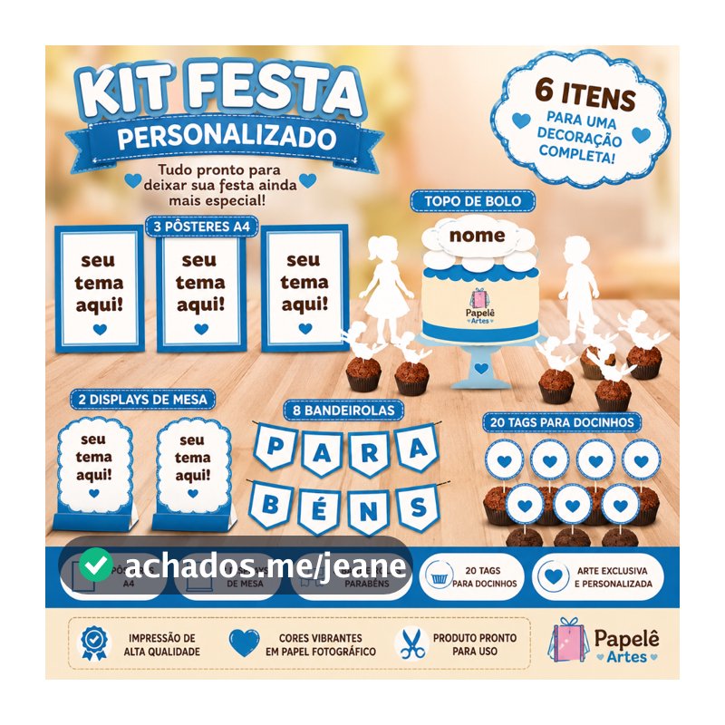 kit festa personalizado Seu Tema personalizado180g | Topo de Bolo, Tags, Toppers, Pôsteres e Displays