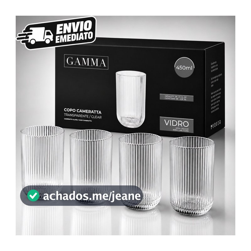 Jogo 4 Copos Canelados Cameratta 450ml de Vidro Transparente e Resistente
