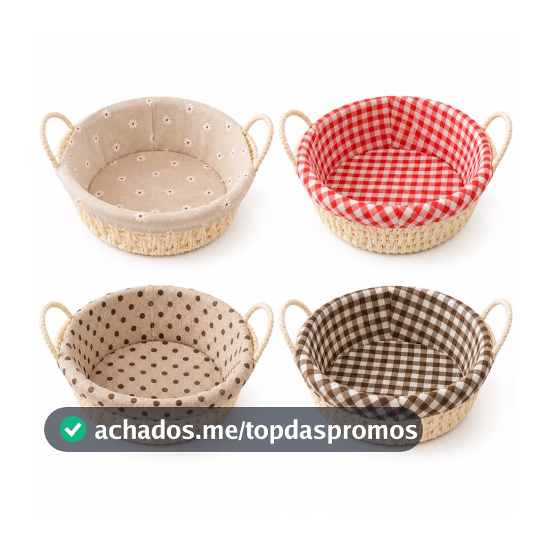 Cesto de Pão Redondo Para Café da Manhã com Tecido Forro e Alça Lateral Cozinha Multiuso