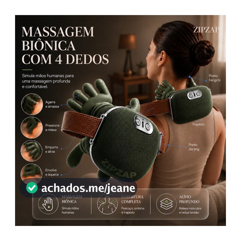 Massageador Elétrico Pescoço e Ombros 4 Dedos com Aquecimento Sem Fio ZIPZAP