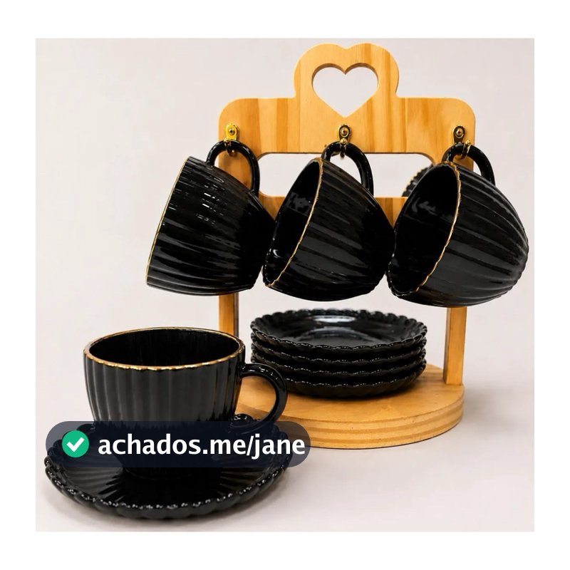 Conjunto Xícaras Preta Fio de Ouro Cha e Cafe 12 Peças Com Pires Vidro 100ml Decorada Borda de ouro