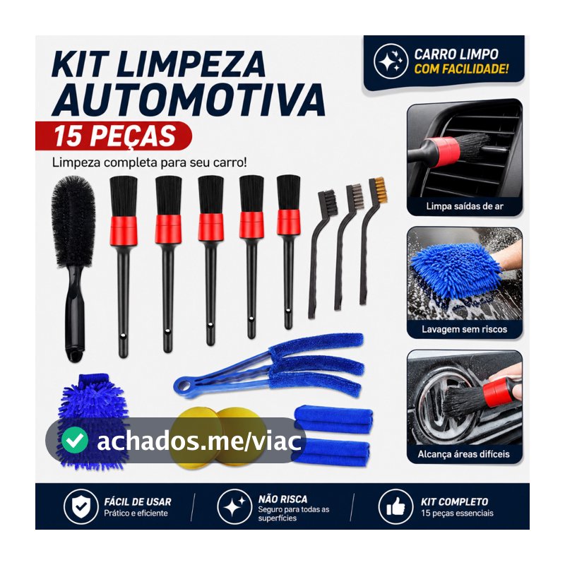 Kit 15 Peças Lavagem Automotiva Esponja + Escova + Flanela 30x40cm + Aplicador de Cera + Luva Microfibra + Pincel