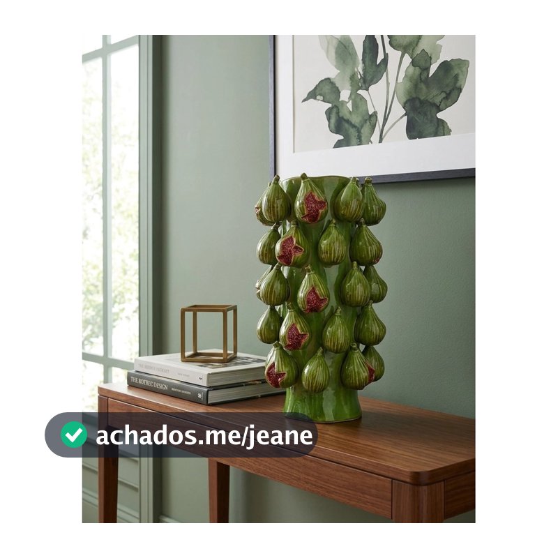 Vaso Alto de Cerâmica Verde Vitrificado Decorado Figo Sólido Decorativo