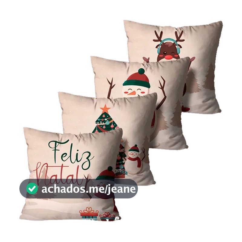 Kit Com 4 Capas de Almofadas Decorativas Feliz Natal Bege