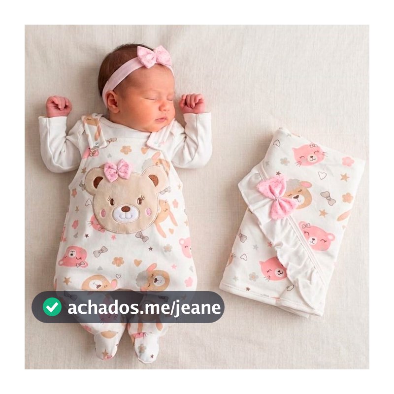 Saída de Maternidade Kids Bebê Menina com Bordado de Ursinha Lola Palha - 04 Peças
