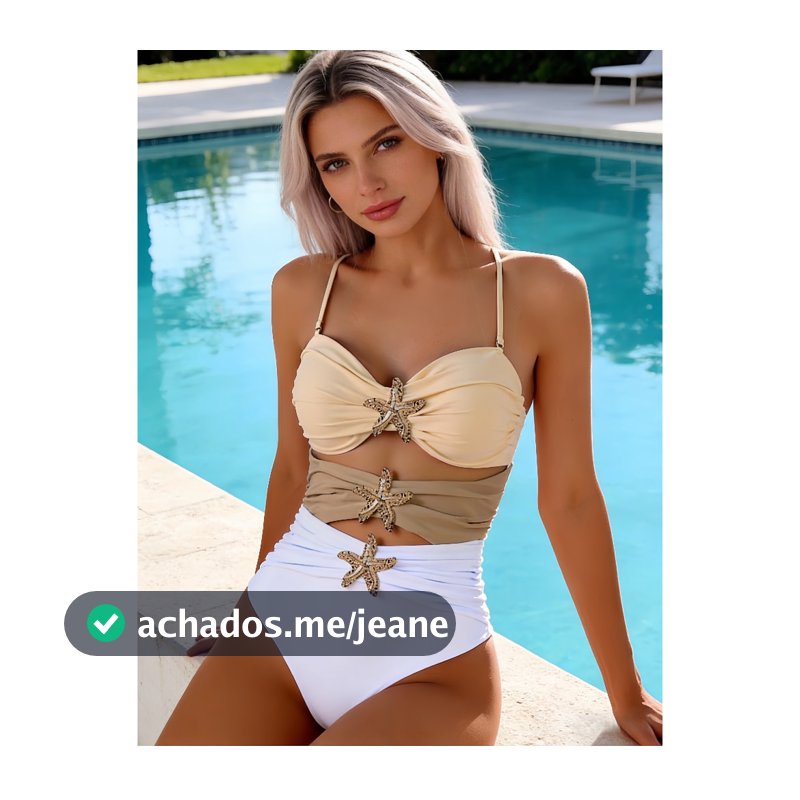 Maiô Feminino Elegante Tricolor com Recorte e Apliques de Estrela do Mar Metálica - Conjunto de Moda Praia
