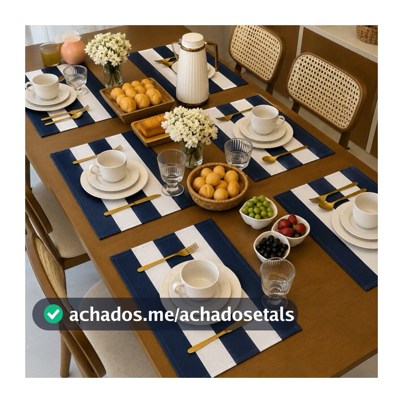 Jogo Americano Completo 12 Peças Listrado Azul Marinho 45cm x 30cm Decoração Cozinha Algodão