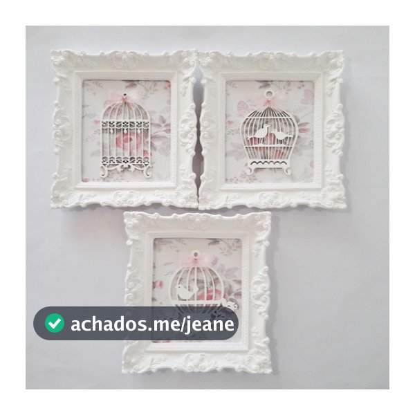 Trio de quadros gaiolas passarinho jardim