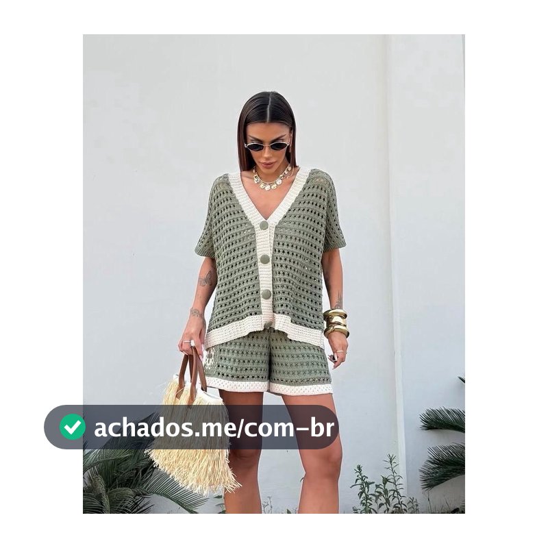 Conjunto Tricot Feminino Crochê Rendado Camisa Verão Max Colete Short Forrado Flor Elegante Casual Confortável Tendência