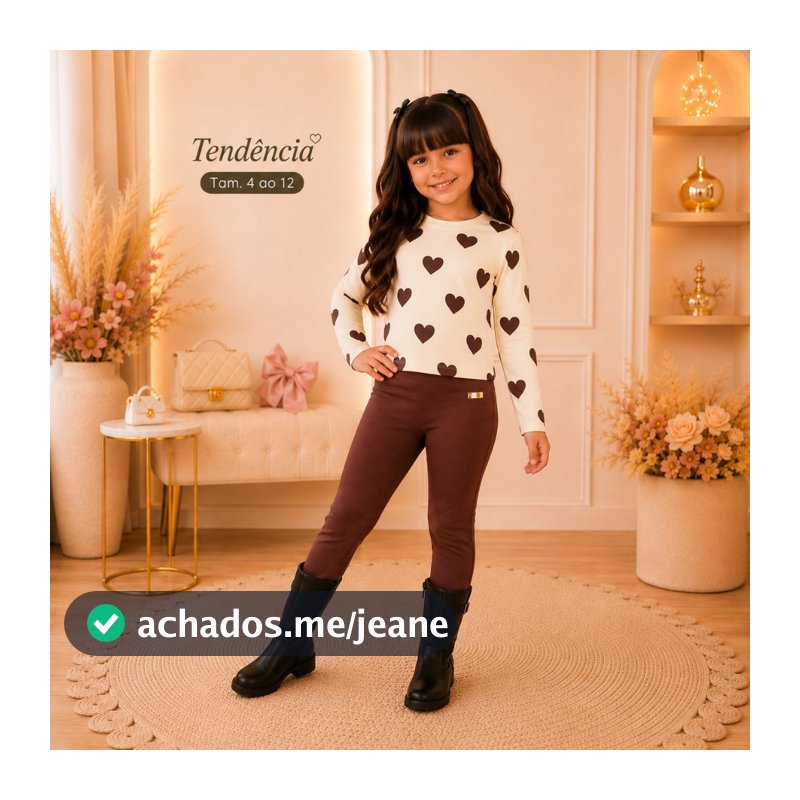 Conjunto Infantil Feminino Camiseta Manga Longa Meia Estação + Legging Peluciada Menina