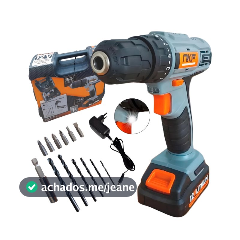 Parafusadeira Furadeira Sem Fio 12V Com Maleta Bateria Brocas e 13 Acessórios FP12X NKF