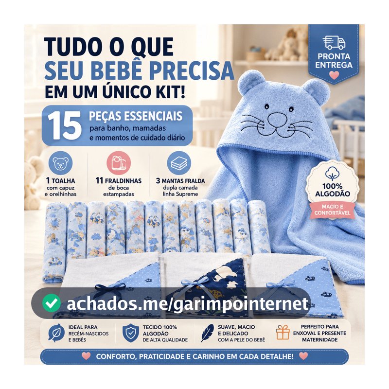 Kit Enxoval Bebê 15 Peças Completo 100% Algodão | Toalha com Capuz + 11 Fraldinhas + 3 Mantas Fralda Premium