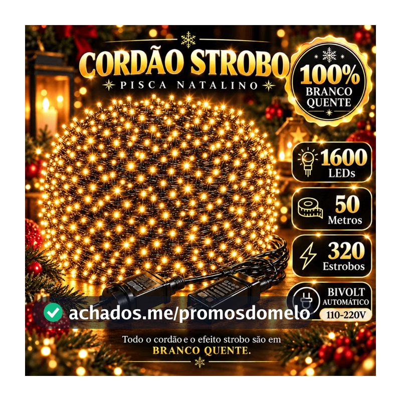 Cordão Strobo Natal 50/40 Metros Bivolt 1600/1500 Leds Pisca Pisca Prova D'Água Luz Led Branco Quente 320/300 Flash
