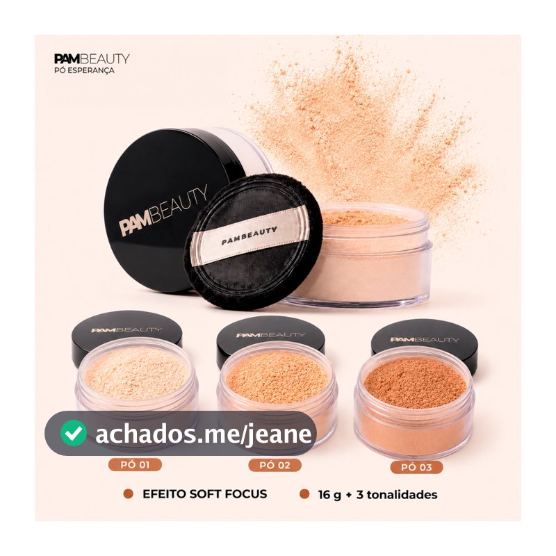 Pó facial solto PAM Beauty com efeito soft focus, controle de oleosidade, ácido hialurônico e resistência à água