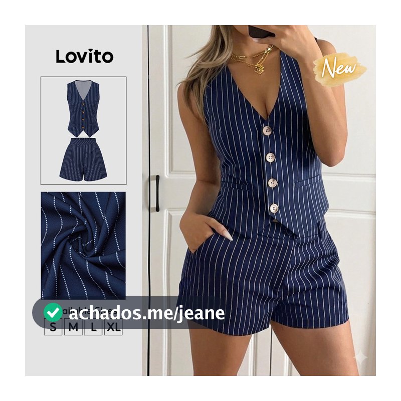 (New Arrival) Lovito Shorts Femininos Casuais Listrados Com botões/bolsos/zíper Azulescuro primavera/verão SHB39BR259