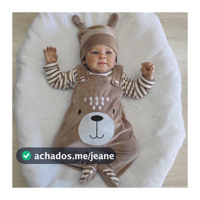 Conjunto Roupa Para Bebê Menino Amigo Ursinho Bordado Body Manga Longa com Jardineira + Touca Bege
