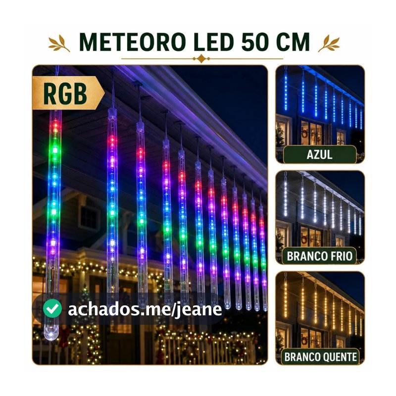 Cascata Meteoro 50cm 8 Tubos Led 3 Metros Bastão Chuva IP65 Decoração Natal Festas Bivolt Cor RGB LuvinCo
