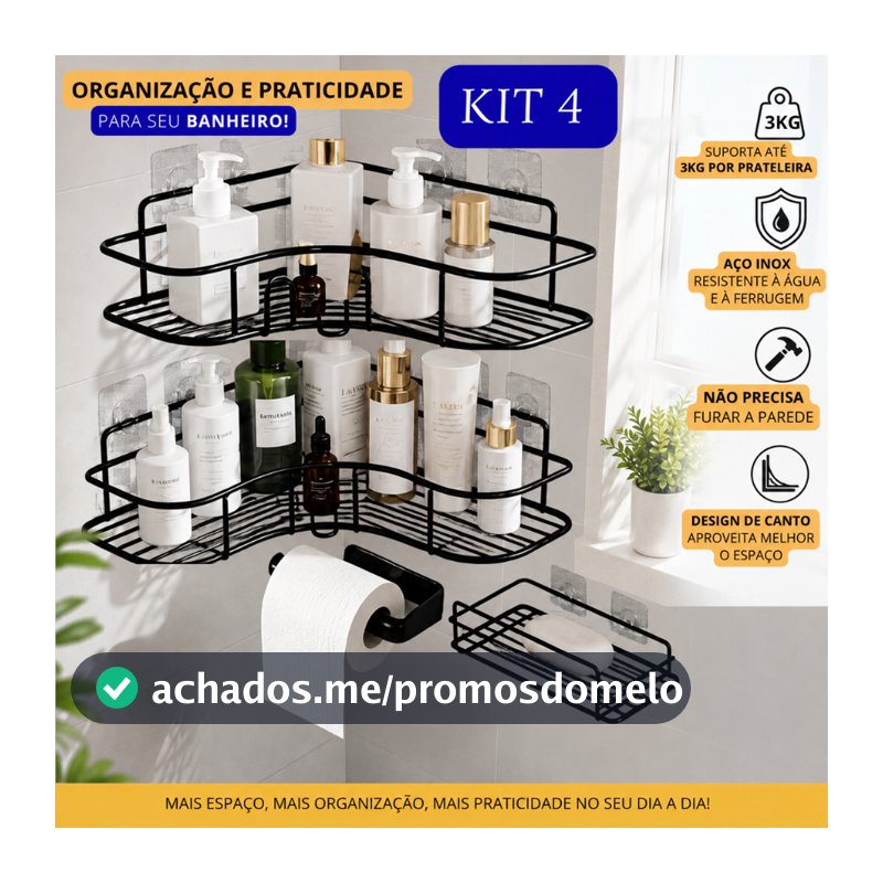 Kit 4 Organizador Banheiro Sem Furo Adesivo Suporte Shampoo Sabonete e Papel