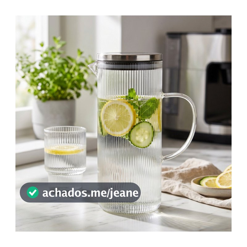 Jarra de Vidro Borossilicato 1,4L Tampa Inox Canelada Suco Chá Água Gelada Mesa  Presente Cozinha
