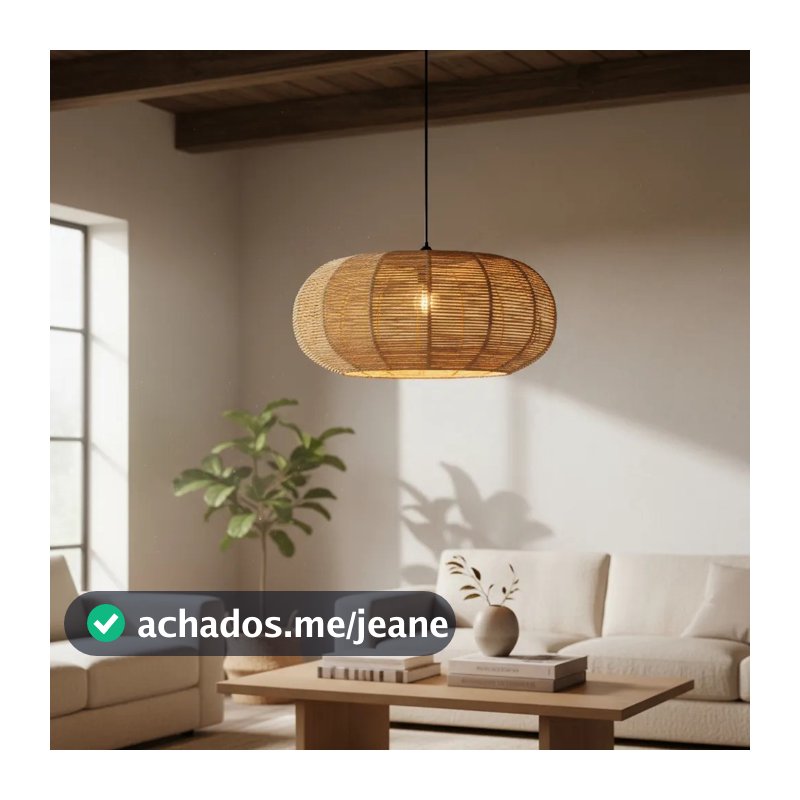 Luminária De Palha de Milho Aramada Disco Pendente Redondo Rústico M Fibra Natural Casa Pousada