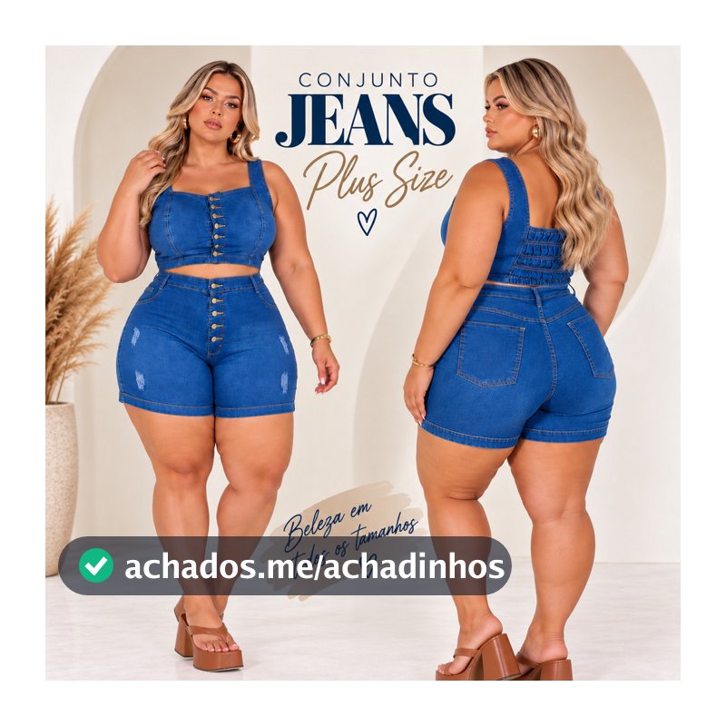 Conjunto Feminino Jeans Short e Croppd Plus Size com botões