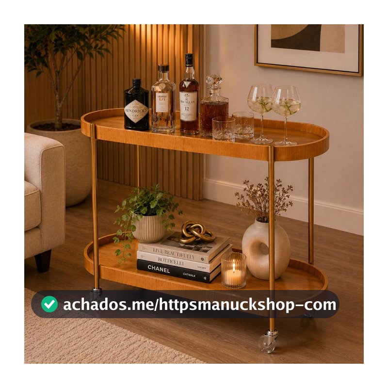 Carrinho Bar Oval Cinamomo Multiuso Dourado com Rodinhas Cristaleira Aparador Adega Decorativa Moderna Base em Aço
