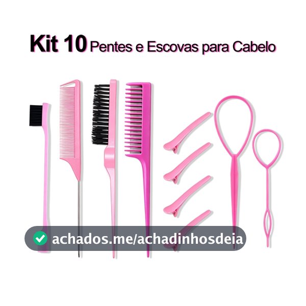 Kit 10 Pcs Pentes e Ferramentas para Penteados, Escovas + Clipe Bico de Pato + Ferramenta de Trança