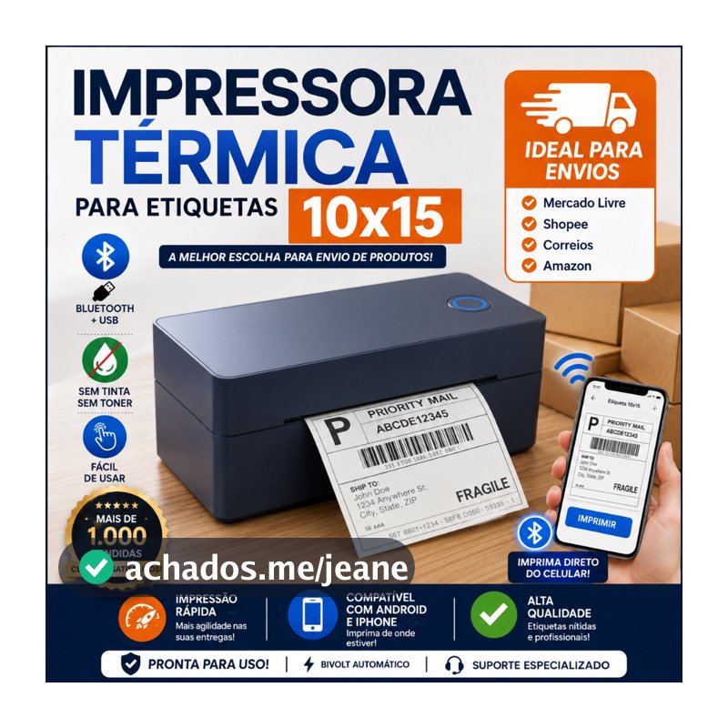 Impressora Termica de Etiquetas 100x15 Bluetooth 4x6 Para Shopee Mercado Livre Correios Compatível com PC e Celular