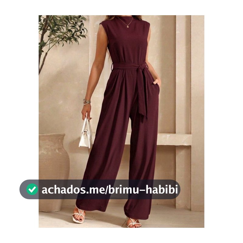 Macacão Pantalona Longo Alfaiataria Regata Gola Alta Com Cinto Amarração Elegante