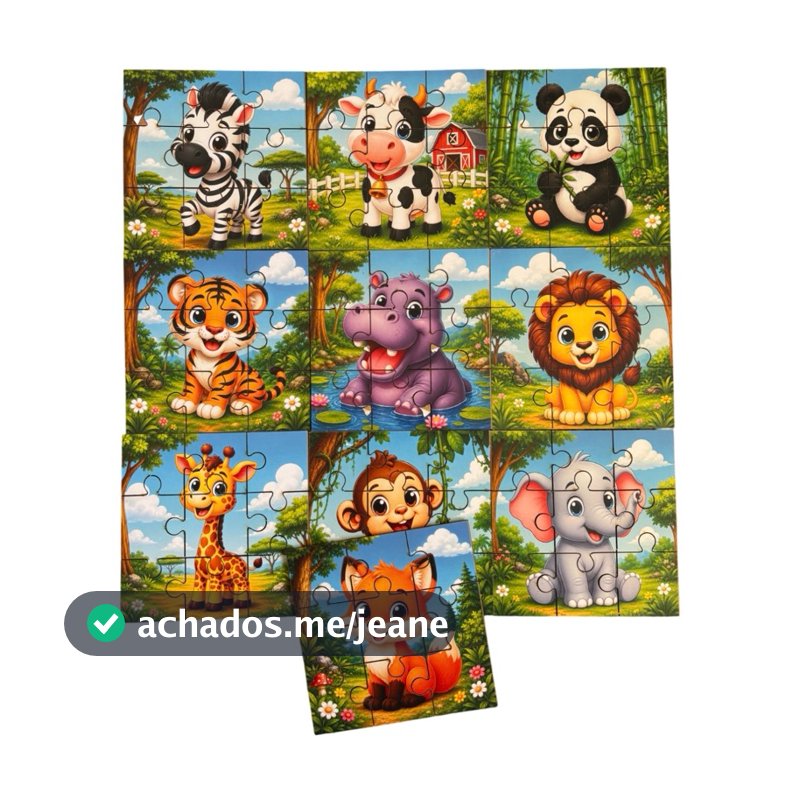 Kit 10 Quebra Cabeça Animais Fofos em MDF Brinquedo para Criança Educativo